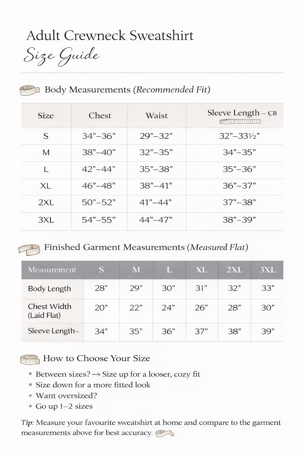 Size guide for adult crewneck sweatshirts with measurements and fitting instructions.