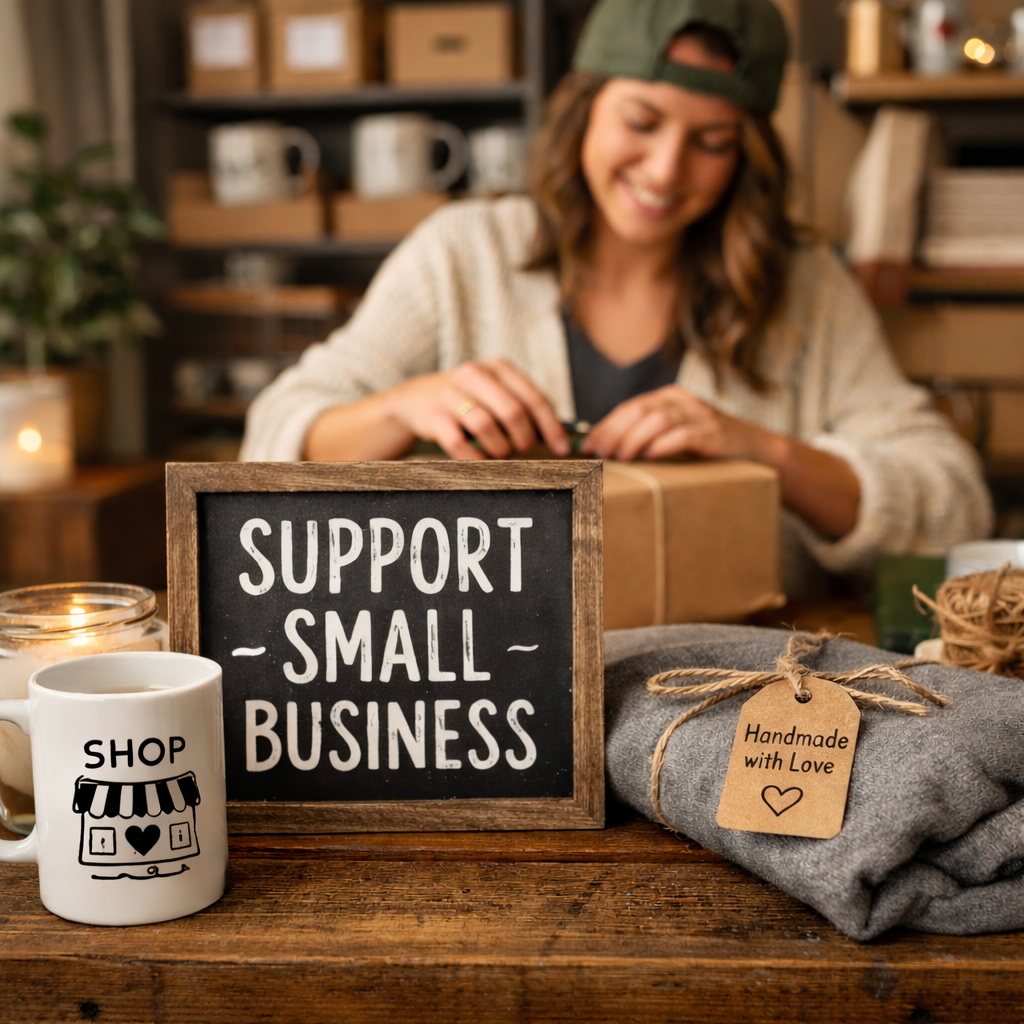 Cozy small business workspace featuring a 'SUPPORT SMALL BUSINESS' chalkboard, a 'SHOP SMALL' coffee mug, a 'Handmade with Love' tag on a folded sweatshirt, and a woman packing an order with care.