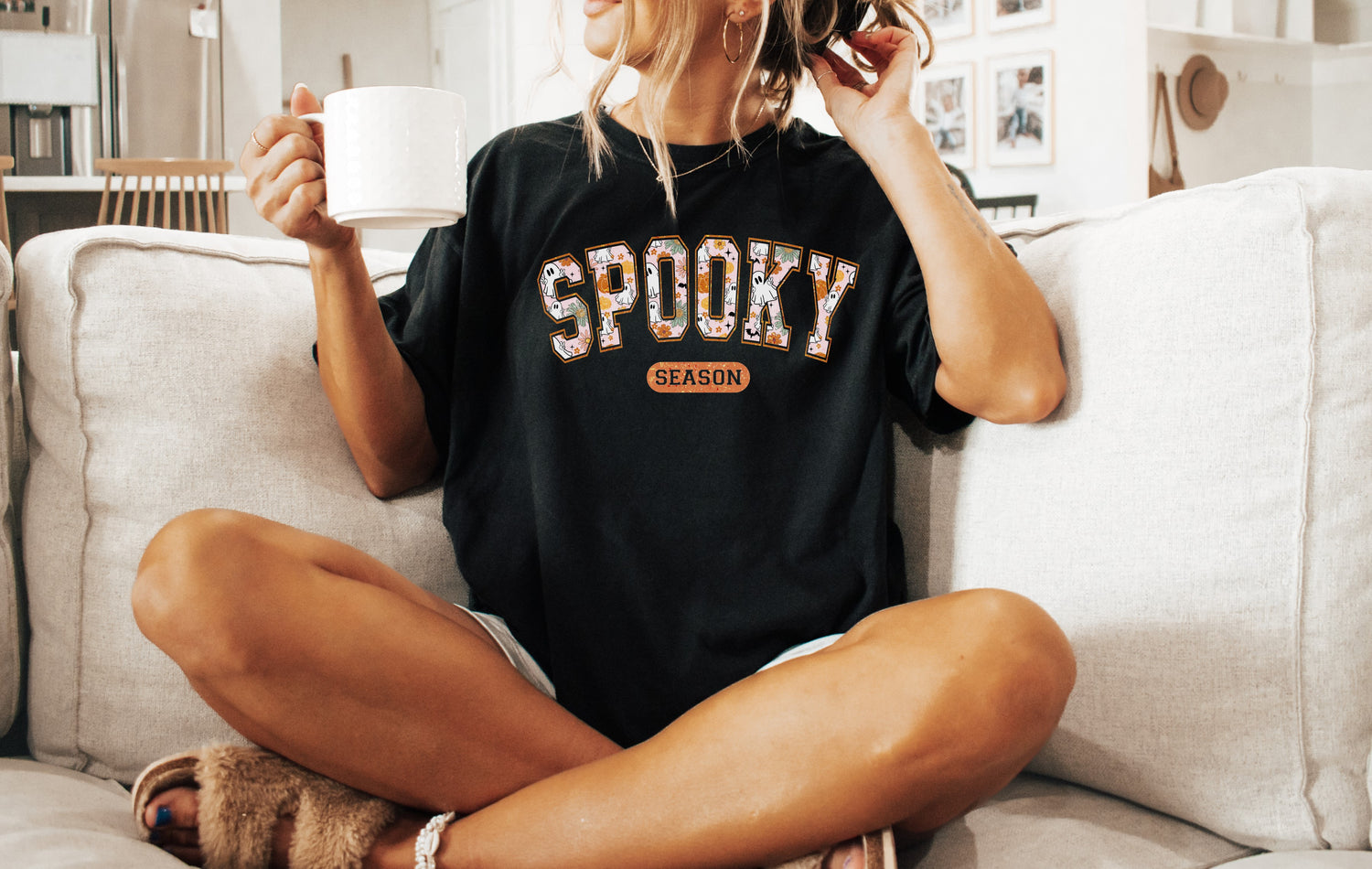 Retro Floral Ghost image on sand color t-shirt.