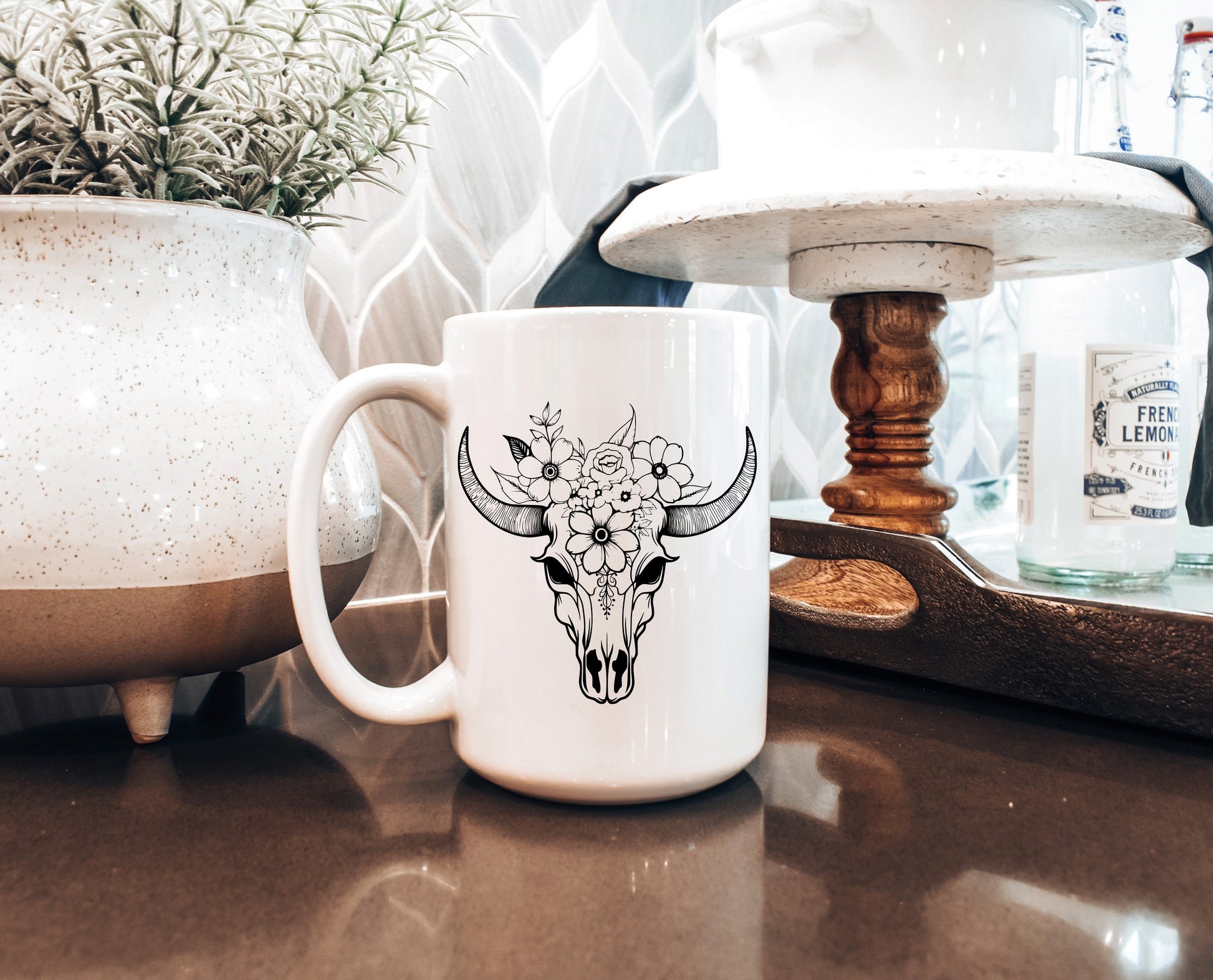 floral cow skull 15oz ceramic mug