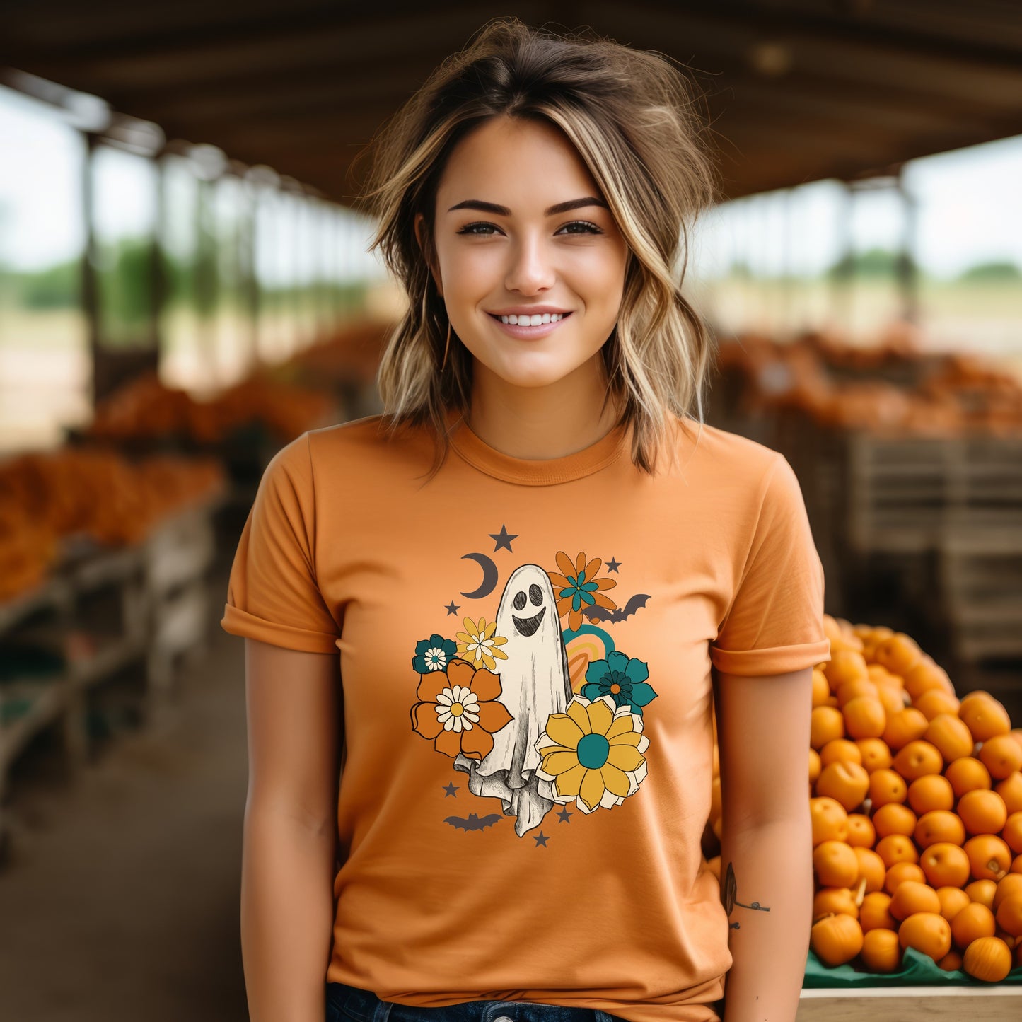 Burnt Orange T-Shirt with Retro Floral Ghost Image