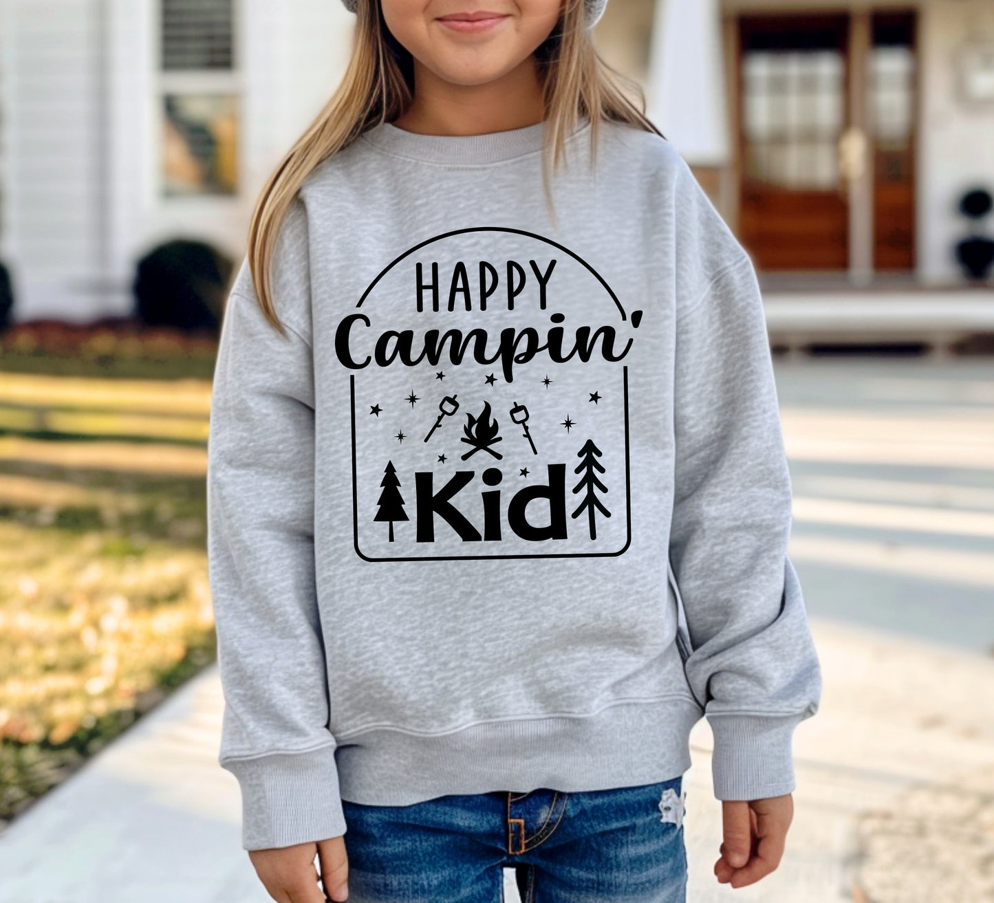 Happy Campin’ Kid Sweatshirt | Kids Camping Crewneck | Cozy Outdoor Sweater | Cottage & Campfire Outfit | Camping Gift for Kids
