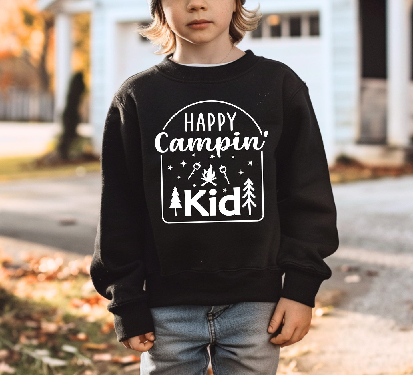 Happy Campin’ Kid Sweatshirt | Kids Camping Crewneck | Cozy Outdoor Sweater | Cottage & Campfire Outfit | Camping Gift for Kids