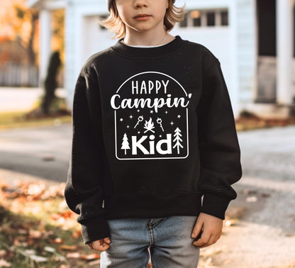 Happy Campin’ Kid Sweatshirt | Kids Camping Crewneck | Cozy Outdoor Sweater | Cottage & Campfire Outfit | Camping Gift for Kids